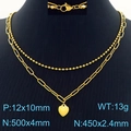 Double-layered gold stainless steel heart necklace with bead and paperclip chain links - Gold (KN287540-Z)