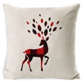 Linen Christmas pillowcase featuring a red and black plaid reindeer design on white - A-36