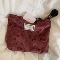 Vintage corduroy makeup bag with red floral print and zipper closure for storage - Pink Rose