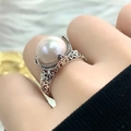Vintage 925 sterling silver open ring with white round pearl and hollow carving - JZ0105-Pearl Carving