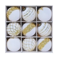 Set di 9 palline di Natale bianche con decori glitterati dorati in scatola bianca - 8cm / Bianco 9 pezzi
