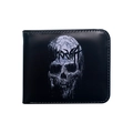 Men's bifold wallet in black leather featuring white skull design and gothic lettering - Flaming Skull