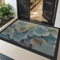 Modern entrance mat with blue and green cloud pattern and anti-slip black rubber border - Emerald Rhyme