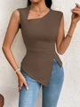 Detail view of brown slim fit top with asymmetric slanted neckline and irregular hem - S / Brown