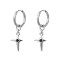 Silver titanium steel hoop earrings featuring star pendant with black bead center inlay - PG0540 Starburst Pierced / Silver