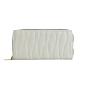 Women's long white PU leather wallet featuring vertical wave pattern and gold zipper - White