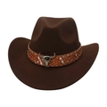 Detail eines braunen Cowboyhuts aus Filz mit silbernem Stierkopf und Metallnieten - Kaffeebraun