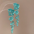 Elegant teal long floral drop earrings with a summer vacation style detail view. - 9# Silver Post Floral Leaf Tassel Stud Earrings