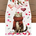 Valentine's Day table runner featuring a watercolor cat with red hearts and petals - Cat with Scarf Style (VT005) / 33x183cm
