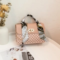 Pink printed square crossbody bag with silk scarf handle and golden chain strap - Pink