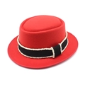 Classic red wool felt pork pie hat with black ribbon and white bead trim on white background - M(56-58cm) / Red
