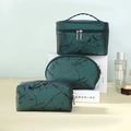 Three-piece set of dark green marble pattern cosmetic bags with silver zippers - Dark Green Marble 3-Piece Set
