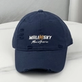 Detail of navy blue cotton baseball cap with distressed brim and MALINSKY embroidery - Navy Blue