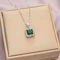 Elegant emerald cut green gemstone necklace with square halo pendant in silver finish - 6067 Rectangle Drop Zircon / Silver Green Zircon