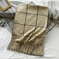 Beige and black plaid scarf in soft cashmere-like fabric with elegant fringe edges - Beige