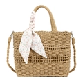 Beige geweven stro handtas met bloemen sjaal detail en afneembare schouderriem - Khaki met sjaal