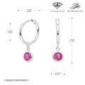 Detailed dimension guide for 925 silver hoop earrings with round pink zircon pendant - 925 Silver / October White Gold Plated (Rose Zirconia)