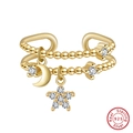 Double-layer gold plated S925 sterling silver open ring with moon and star pendants - 5A Zirconia 14K Gold Plated / Approx. 2.27g