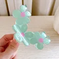 Green translucent flower hair claw clip with three linked blossoms and pink centers - Cyan Flower-Large-9cm