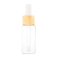 Clear glass dropper bottle with wood grain cap and white rubber top for essential oils - 15ml