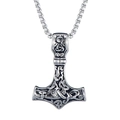 Colgante martillo de Thor vikingo plateado con runas celtas y cadena cuadrada - Cadena de Eslabones Estilo Perla / Color Acero