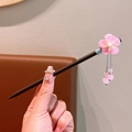 Classic wooden hair pin with pink floral ornament and elegant beaded tassels - Wood Peony Pink