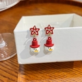 Christmas snowman earrings with red star and white enamel snowman on gift box - E5741-2 Star Snowman
