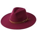 Burgundy felt fedora hat with wide brim and brown leather band detail for men and women - Adult 58cm One Size / Burgundy