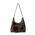 Retro dark brown glossy leather shoulder bag with vintage buckles and spacious design - Coffee