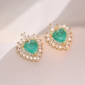 Elegant gold heart earrings with emerald green center stone and marquise zircon halo - Heart Emerald Surround Style (E0560)