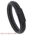 Men's black woven leather bracelet with white stitching and 22.5cm black alloy buckle - 22.5CM / Black Alloy Clasp