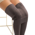 Detail view showing thick fleece lining and high elasticity of warm winter leggings - Brown