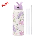 Insulated water bottle with purple floral prints plus two straws and a cleaning brush - Ivory White 23J1
