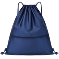 Lightweight navy blue drawstring backpack with ripstop texture and front zipper pocket - Dark Blue
