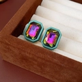 Rectangle stud earrings featuring iridescent pink and yellow gradient crystals and matte frame - Silver Needle - Green (Gradient Gemstone - Pale Green Frame)