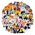 Vista detallada de pegatinas de Halloween con calabazas, fantasmas y diseños de gatos negros - Niños Halloween 50 Piezas Estilo B