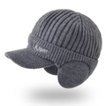 Dark grey knitted earflap beanie with brim and white Sport embroidery for men - Dark Gray