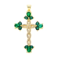 Close-up of gold cross pendant featuring green gemstones and sparkling micro-pave zircons - Pendant 102 (Gold Green Stone Woven Cross)