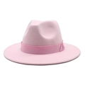 Close-up of pink wool fedora hat with matching ribbon trim and flat brim detail - M (56-58cm) / Pink
