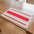 Rectangle cream cotton placemat with bright red stripes and handmade fringe trim - Full Red Striped