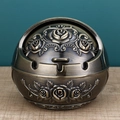 Spherical bronze metal ashtray with embossed rose patterns and flip lid design - Bronze Large Rose Relief