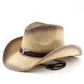 Cappello da cowboy vintage in rafia con fibbia a testa di toro e bordo marrone - M (56-58cm) / Stile di Decorazione della Testa di Toro Grande