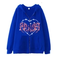 Royal blue zip-up hoodie featuring a white heart outline and gothic art text print - Royal Blue (Heart Print)