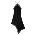 Elegantes schwarzes Halter-Satinkleid mit Spitzenbesatz und asymmetrischem Saum - XS / Schwarz
