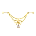 Industrial gold ear bone stud with butterfly charm and teardrop zircon double chain - Bowknot Style (24042701-6)
