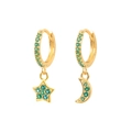 Asymmetric gold S925 silver star and moon earrings with green cubic zirconia - Green