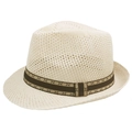 Beige knitted breathable fedora hat with patterned brown band for summer sun protection - 57cm / Beige