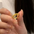 Golden minimalist beaded tassel ring for women shown on hand with elegant aesthetic - Tassel Style (Gold Plated Copper) / Adjustable Open