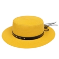 Yellow wide brim straw sun hat featuring black leather band with silver star studs - Five-pointed Star Studded Band Style (301F)
