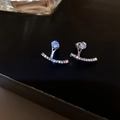 Detalle de pendientes de aro plateados con pedrería brillante sobre fondo negro - 6# Plateado Poste de Plata